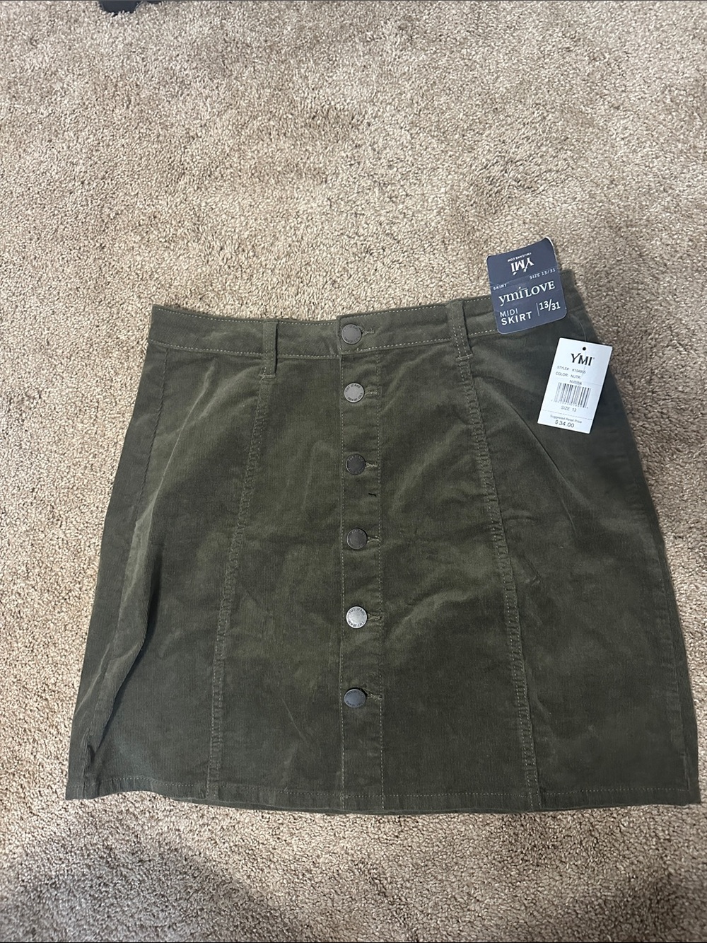 YMI Olive Green Button-Front Corduroy Mini Skirt